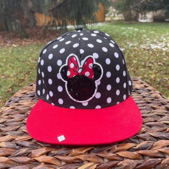 Disney Accessories - Disney Minnie Mouse Sequin Red Black & White Polka Dot Cap Snap-back Hat